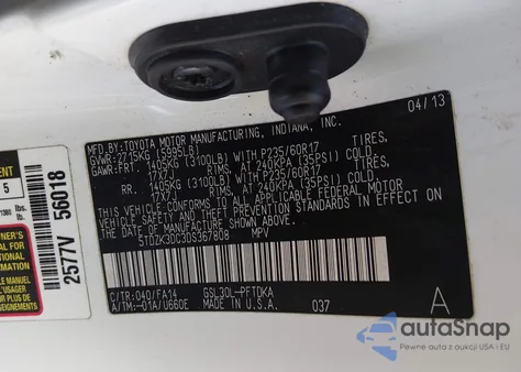 2013 Toyota Sienna L V6 7 Passenger z USA, uszkodzony, nr VIN 5TDZK3DC3DS367808